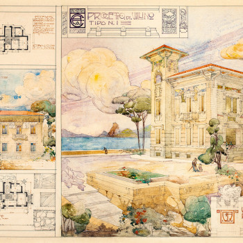 Il disegno a matita, inchiostro e acquerello, datato 1909, è uno di due progetti di villino in stile liberty conservati nel fondo, al momento non identificati con sicurezza con opere effettivamente realizzate. Lo stile floreale, dichiarato nell’eleganza dei toni delicati e nella fluidità della linea, arriva ad includere i caratteri dei cartigli che descrivono il progetto e culmina nel bellissimo logo con le iniziali che l’architetto utilizza per apporre la sua firma.